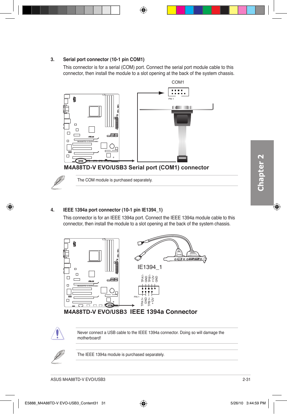 Chapter 2, Ieee 1394a connector, M4a88td-v evo/usb3 | Asus M4A88TD-V EVO/USB3 User Manual | Page 49 / 128