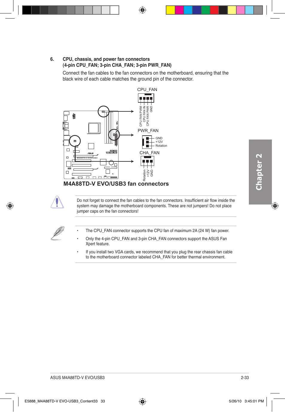 Chapter 2, M4a88td-v evo/usb3 fan connectors | Asus M4A88TD-V EVO/USB3 User Manual | Page 51 / 128