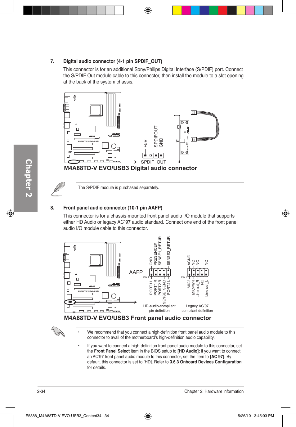 Chapter 2, M4a88td-v evo/usb3 digital audio connector, M4a88td-v evo/usb3 front panel audio connector | Asus M4A88TD-V EVO/USB3 User Manual | Page 52 / 128