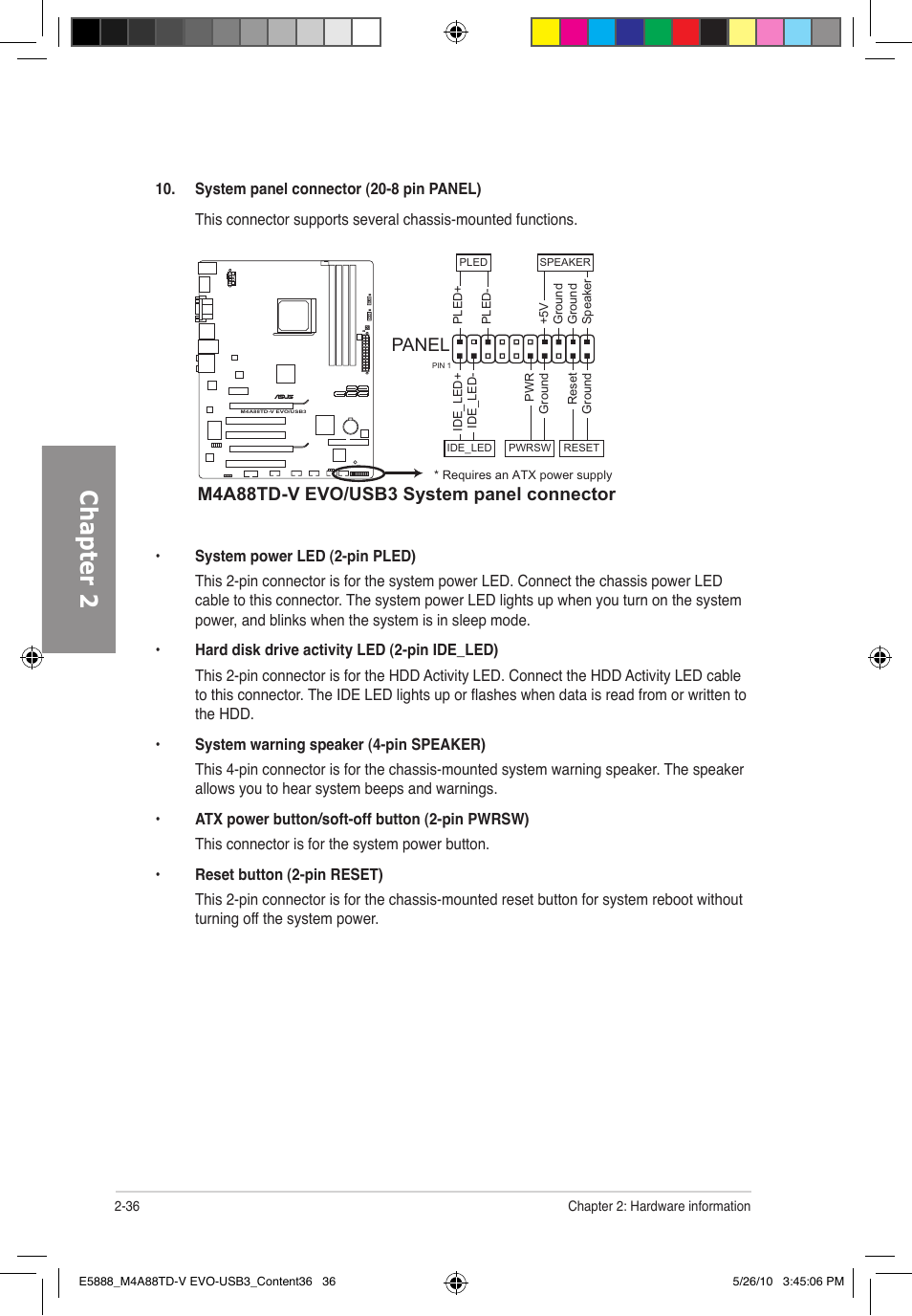 Chapter 2, Panel, M4a88td-v evo/usb3 system panel connector | Asus M4A88TD-V EVO/USB3 User Manual | Page 54 / 128