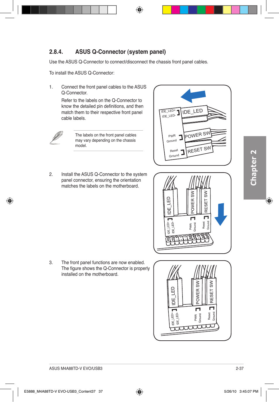 Chapter 2, Asus q-connector (system panel) | Asus M4A88TD-V EVO/USB3 User Manual | Page 55 / 128