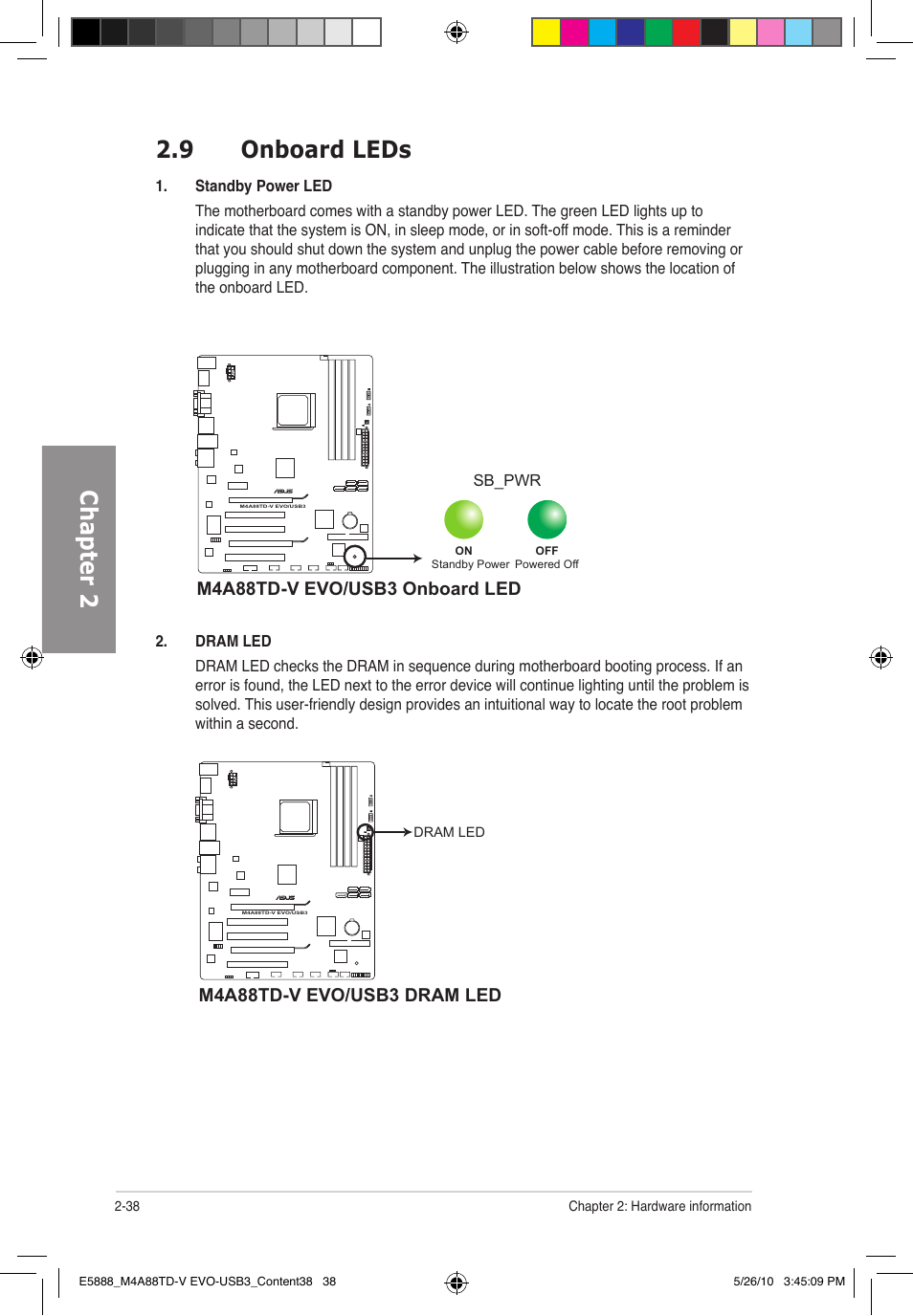Chapter 2 2.9 onboard leds, M4a88td-v evo/usb3 onboard led, M4a88td-v evo/usb3 dram led | Asus M4A88TD-V EVO/USB3 User Manual | Page 56 / 128