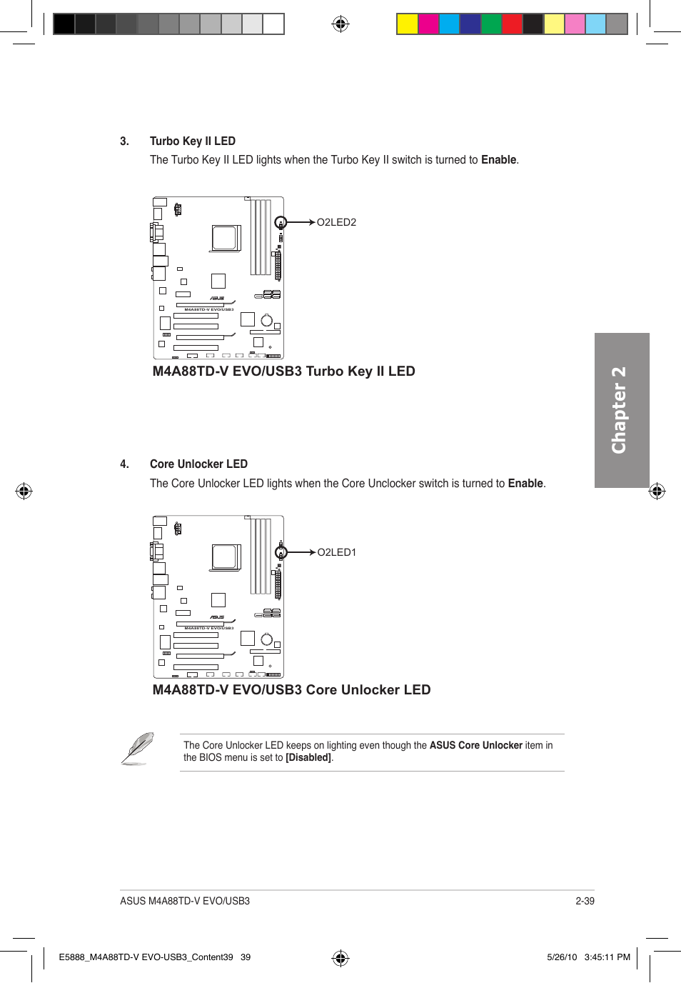 Chapter 2, M4a88td-v evo/usb3 turbo key ii led, M4a88td-v evo/usb3 core unlocker led | Asus M4A88TD-V EVO/USB3 User Manual | Page 57 / 128