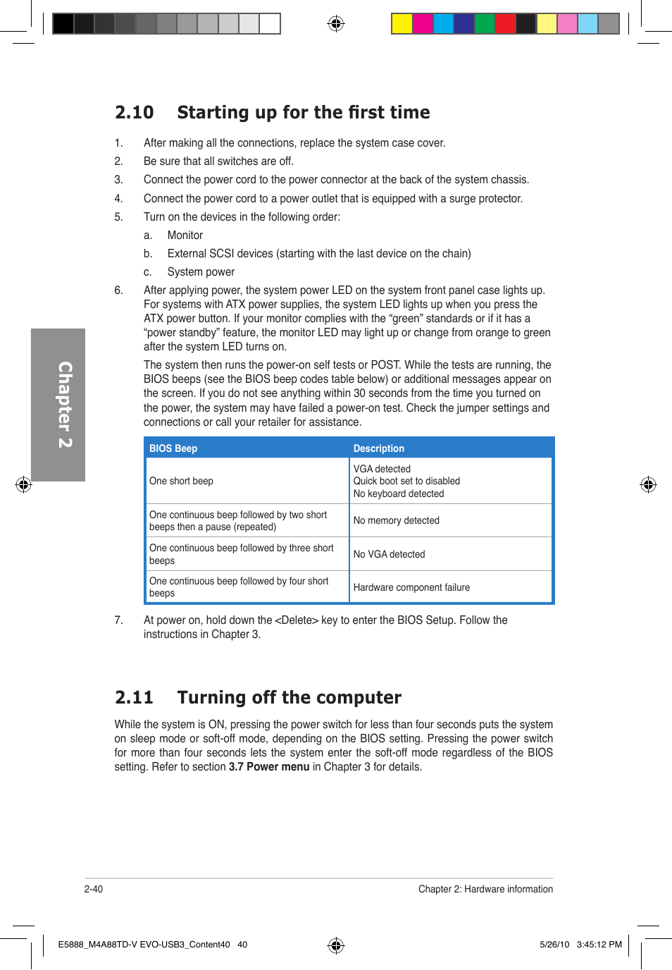 Chapter 2 2.10 starting up for the first time, 11 turning off the computer | Asus M4A88TD-V EVO/USB3 User Manual | Page 58 / 128