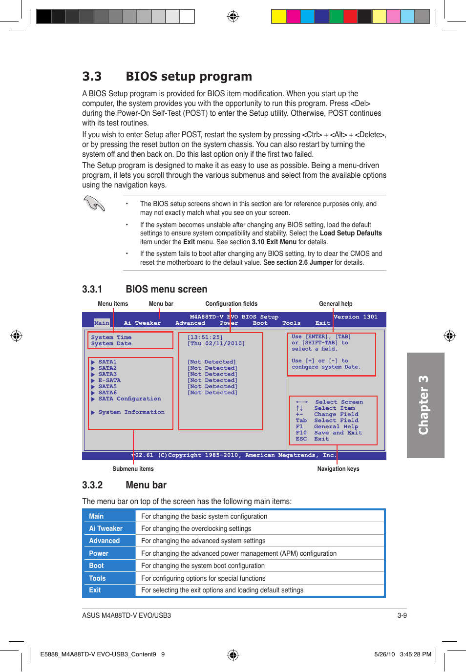 Chapter 3 3.3 bios setup program, 1 bios menu screen 3.3.2 menu bar | Asus M4A88TD-V EVO/USB3 User Manual | Page 67 / 128