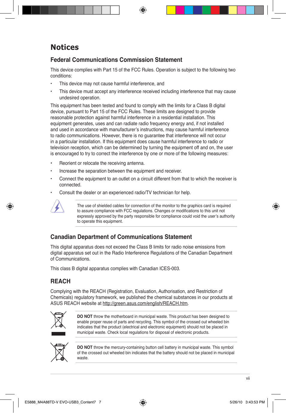 Notices, Federal communications commission statement, Canadian department of communications statement | Reach | Asus M4A88TD-V EVO/USB3 User Manual | Page 7 / 128