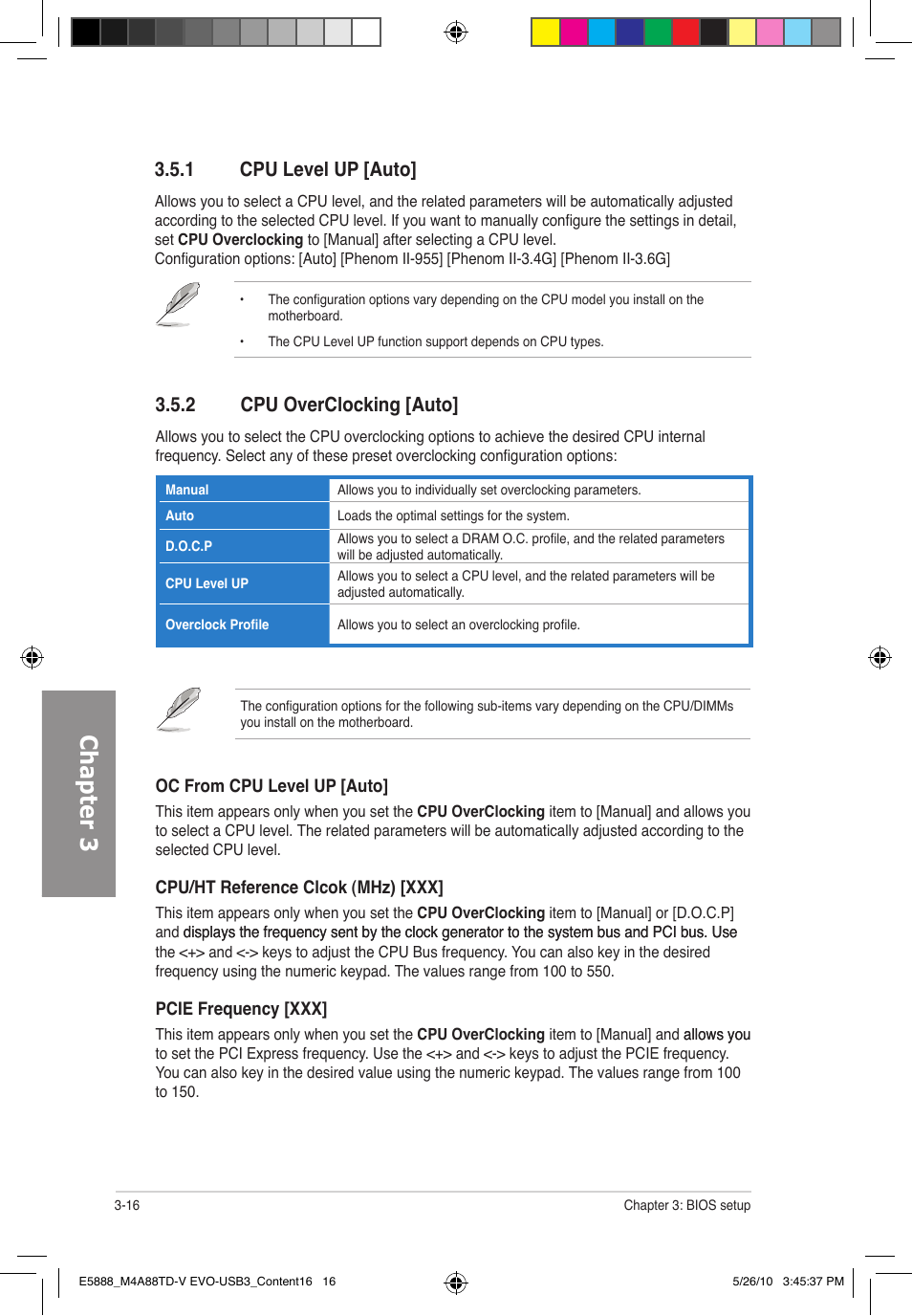 Chapter 3, 2 cpu overclocking [auto, 1 cpu level up [auto | Asus M4A88TD-V EVO/USB3 User Manual | Page 74 / 128