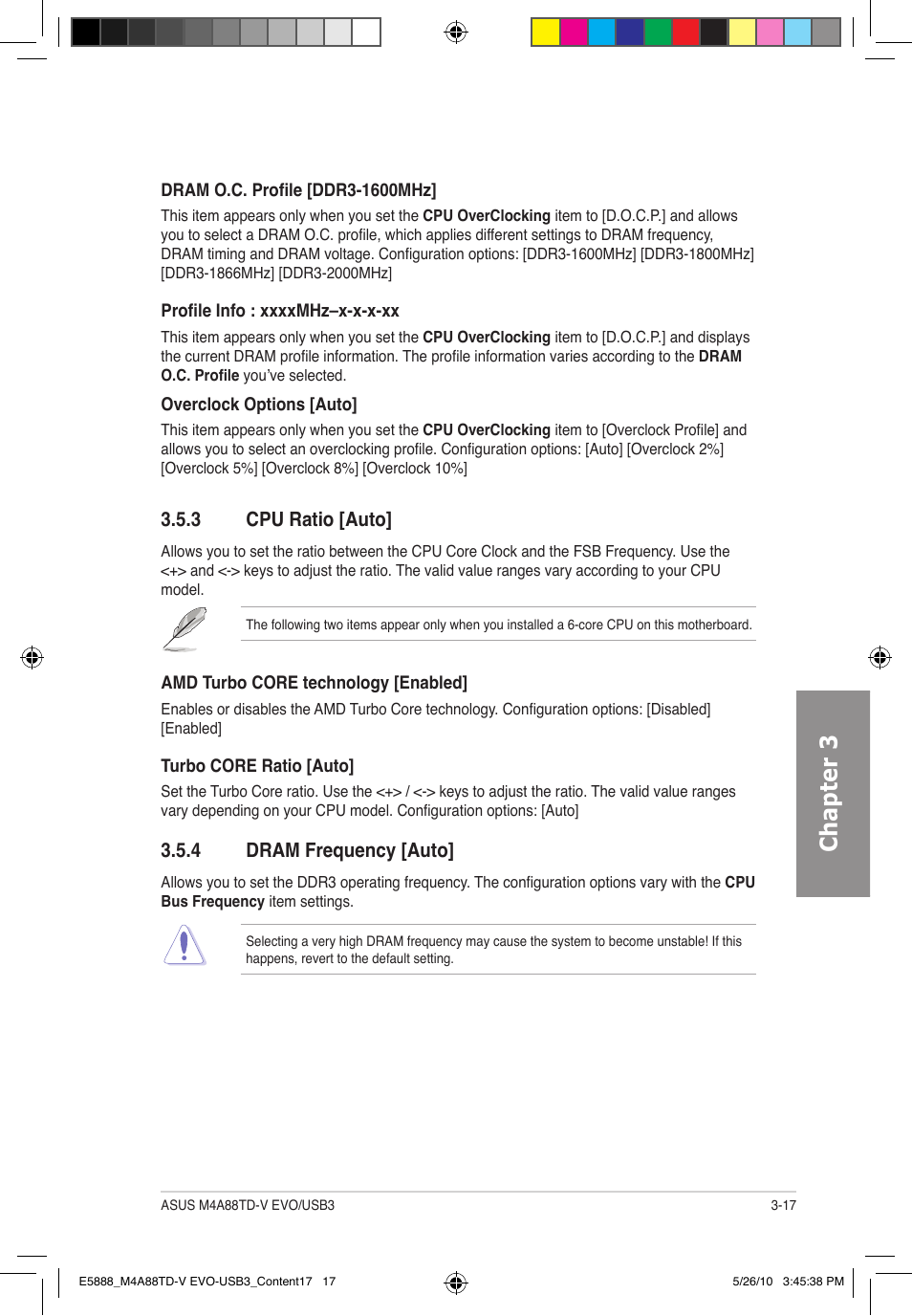 Chapter 3, 3 cpu ratio [auto, 4 dram frequency [auto | Asus M4A88TD-V EVO/USB3 User Manual | Page 75 / 128