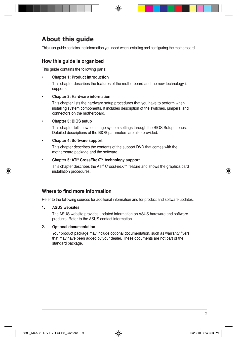 About this guide, How this guide is organized, Where to find more information | Asus M4A88TD-V EVO/USB3 User Manual | Page 9 / 128