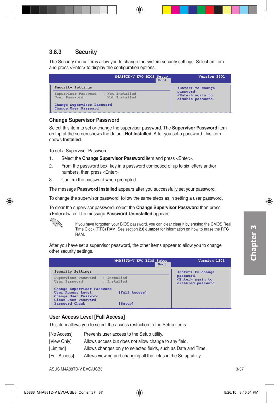 Chapter 3, 3 security | Asus M4A88TD-V EVO/USB3 User Manual | Page 95 / 128