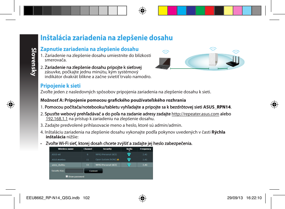 Inštalácia zariadenia na zlepšenie dosahu, Slo vensk y, Zapnutie zariadenia na zlepšenie dosahu | Pripojenie k sieti | Asus RP-N14 User Manual | Page 102 / 144