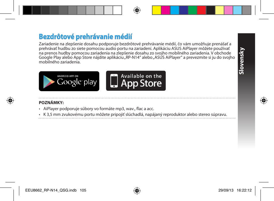 Bezdrôtové prehrávanie médií, Slo vensk y | Asus RP-N14 User Manual | Page 105 / 144