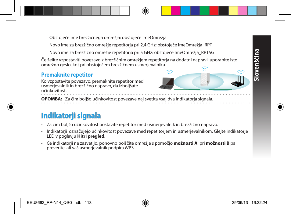 Indikatorji signala, Slo venščina, Premaknite repetitor | Asus RP-N14 User Manual | Page 113 / 144