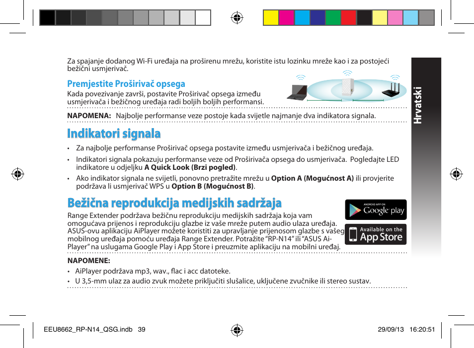 Indikatori signala, Bežična reprodukcija medijskih sadržaja, Hrv atsk i | Asus RP-N14 User Manual | Page 39 / 144