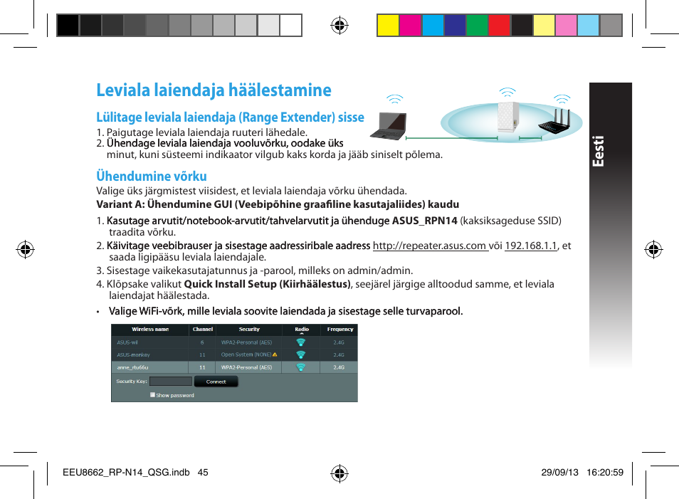 Leviala laiendaja häälestamine, Eesti, Lülitage leviala laiendaja (range extender) sisse | Ühendumine võrku | Asus RP-N14 User Manual | Page 45 / 144