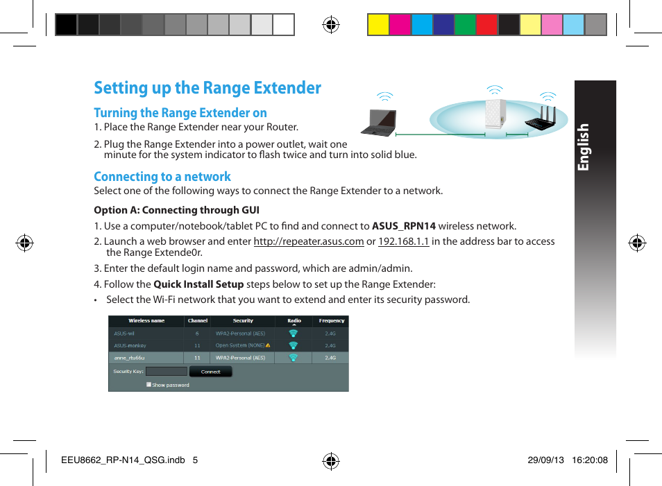 Setting up the range extender, English | Asus RP-N14 User Manual | Page 5 / 144