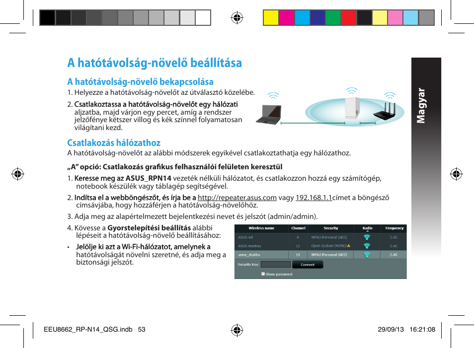 A hatótávolság-növelő beállítása, Magy ar, A hatótávolság-növelő bekapcsolása | Csatlakozás hálózathoz | Asus RP-N14 User Manual | Page 53 / 144