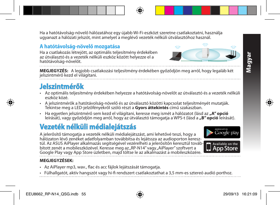 Jelszintmérők, Vezeték nélküli médialejátszás, Magy ar | Asus RP-N14 User Manual | Page 55 / 144