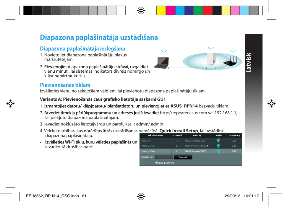 Diapazona paplašinātāja uzstādīšana, La tvisk, Diapazona paplašinātāja ieslēgšana | Pievienošanās tīklam | Asus RP-N14 User Manual | Page 61 / 144