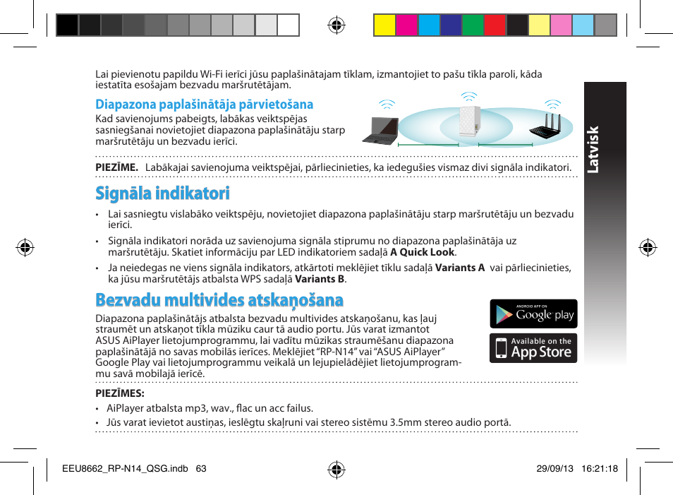 Signāla indikatori, Bezvadu multivides atskaņošana, La tvisk | Diapazona paplašinātāja pārvietošana | Asus RP-N14 User Manual | Page 63 / 144
