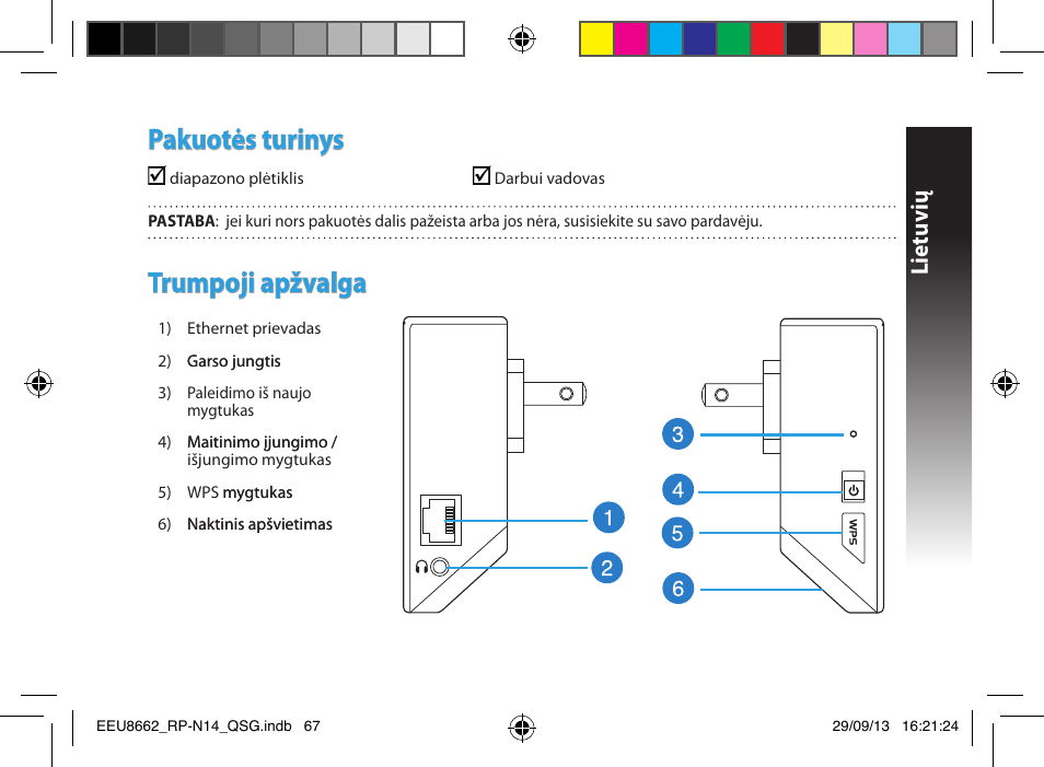 Pakuotės turinys, Trumpoji apžvalga, Lietuvių | Asus RP-N14 User Manual | Page 67 / 144
