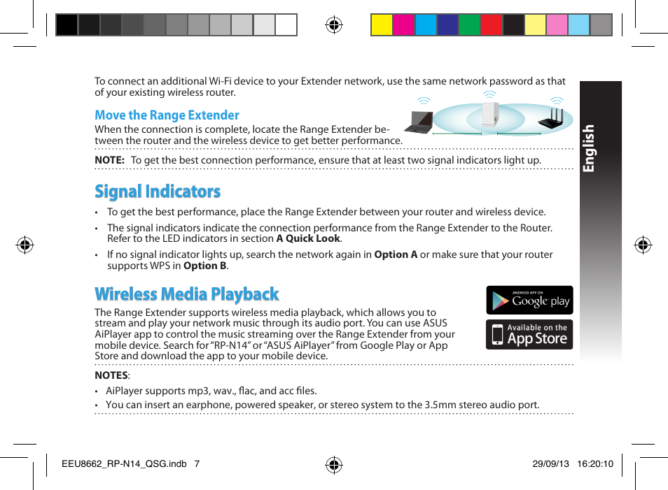 Signal indicators, Wireless media playback, English | Asus RP-N14 User Manual | Page 7 / 144