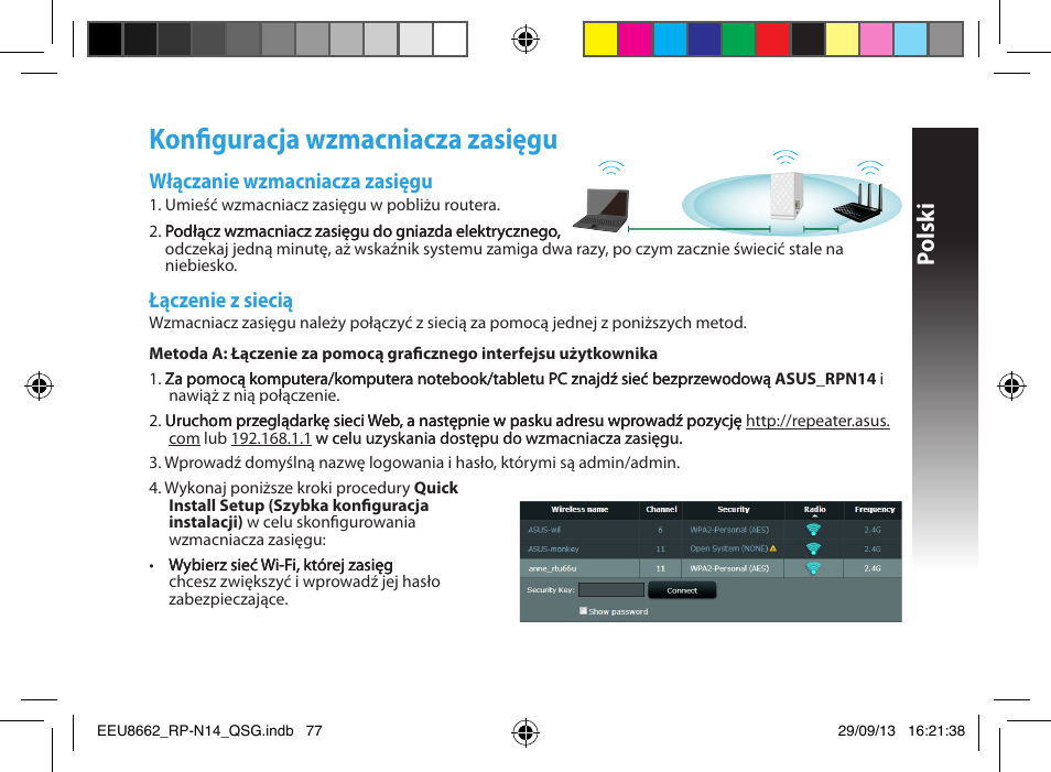 Konfiguracja wzmacniacza zasięgu, Polsk i, Włączanie wzmacniacza zasięgu | Łączenie z siecią | Asus RP-N14 User Manual | Page 77 / 144