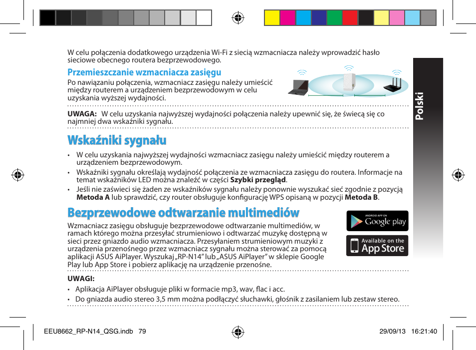 Wskaźniki sygnału, Bezprzewodowe odtwarzanie multimediów, Polsk i | Przemieszczanie wzmacniacza zasięgu | Asus RP-N14 User Manual | Page 79 / 144