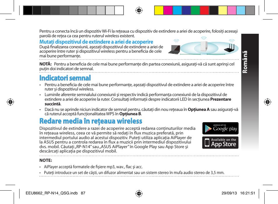 Indicatori semnal, Redare media în reţeaua wireless, Română | Asus RP-N14 User Manual | Page 87 / 144