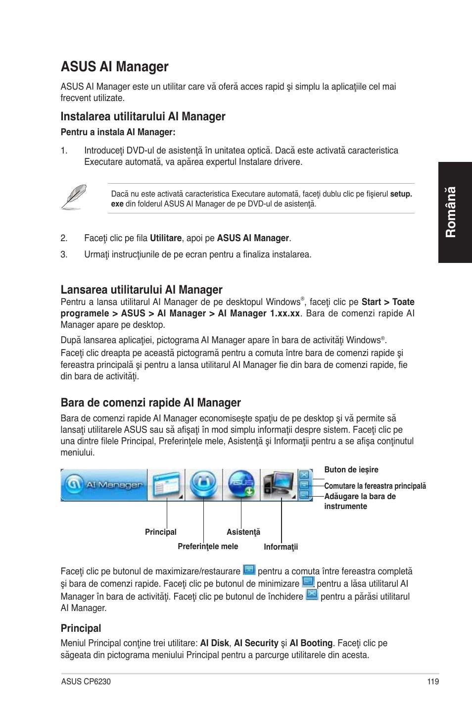 Asus ai manager, Română, Instalarea utilitarului ai manager | Lansarea utilitarului ai manager, Ara de comenzi rapide ai manager | Asus CP6230 User Manual | Page 119 / 198