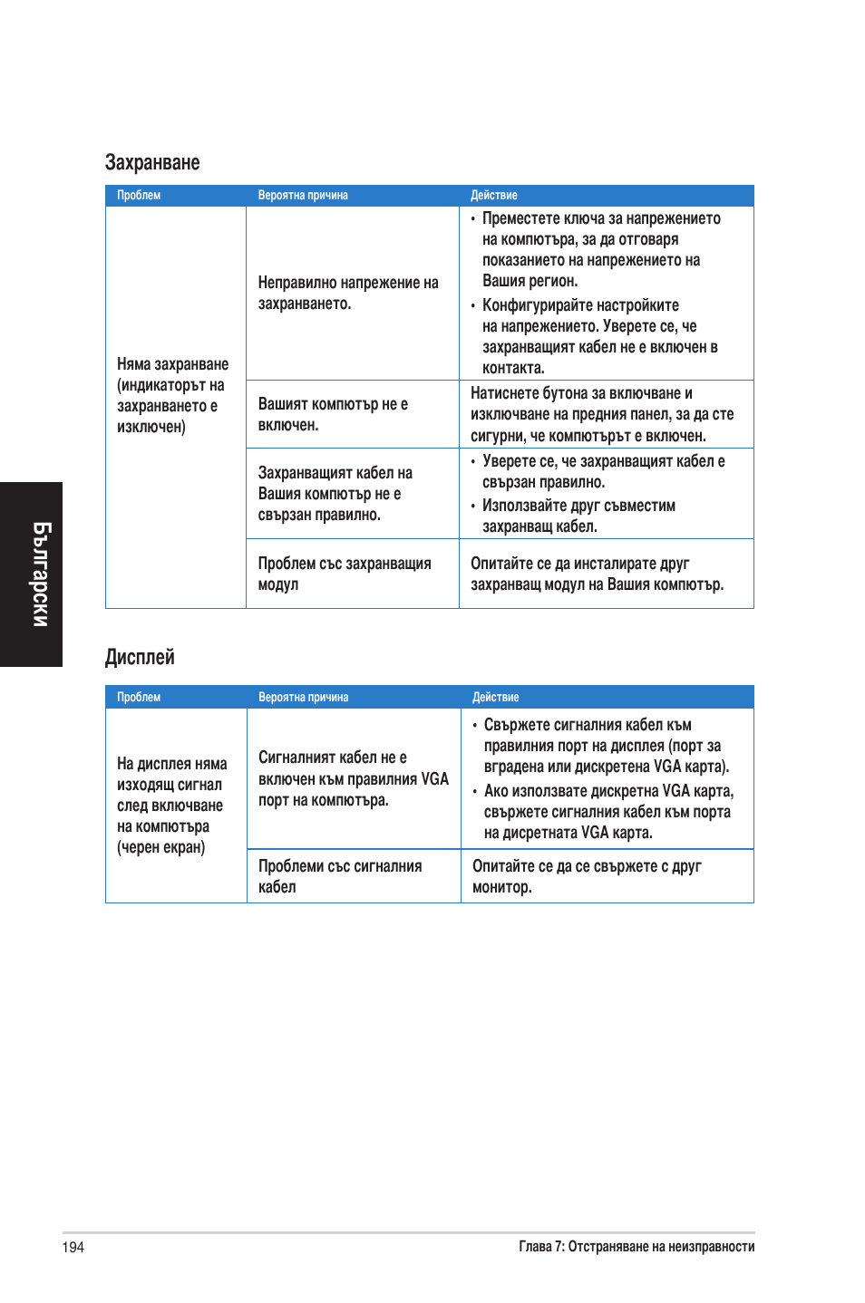 Български, Захранване, Дисплей | Asus CP6230 User Manual | Page 194 / 198