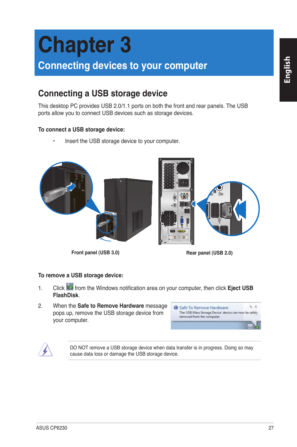 Chapter 3: connecting devices to your computer, Connecting a usb storage device, Connecting devices to your computer | Chapter 3, English | Asus CP6230 User Manual | Page 27 / 198