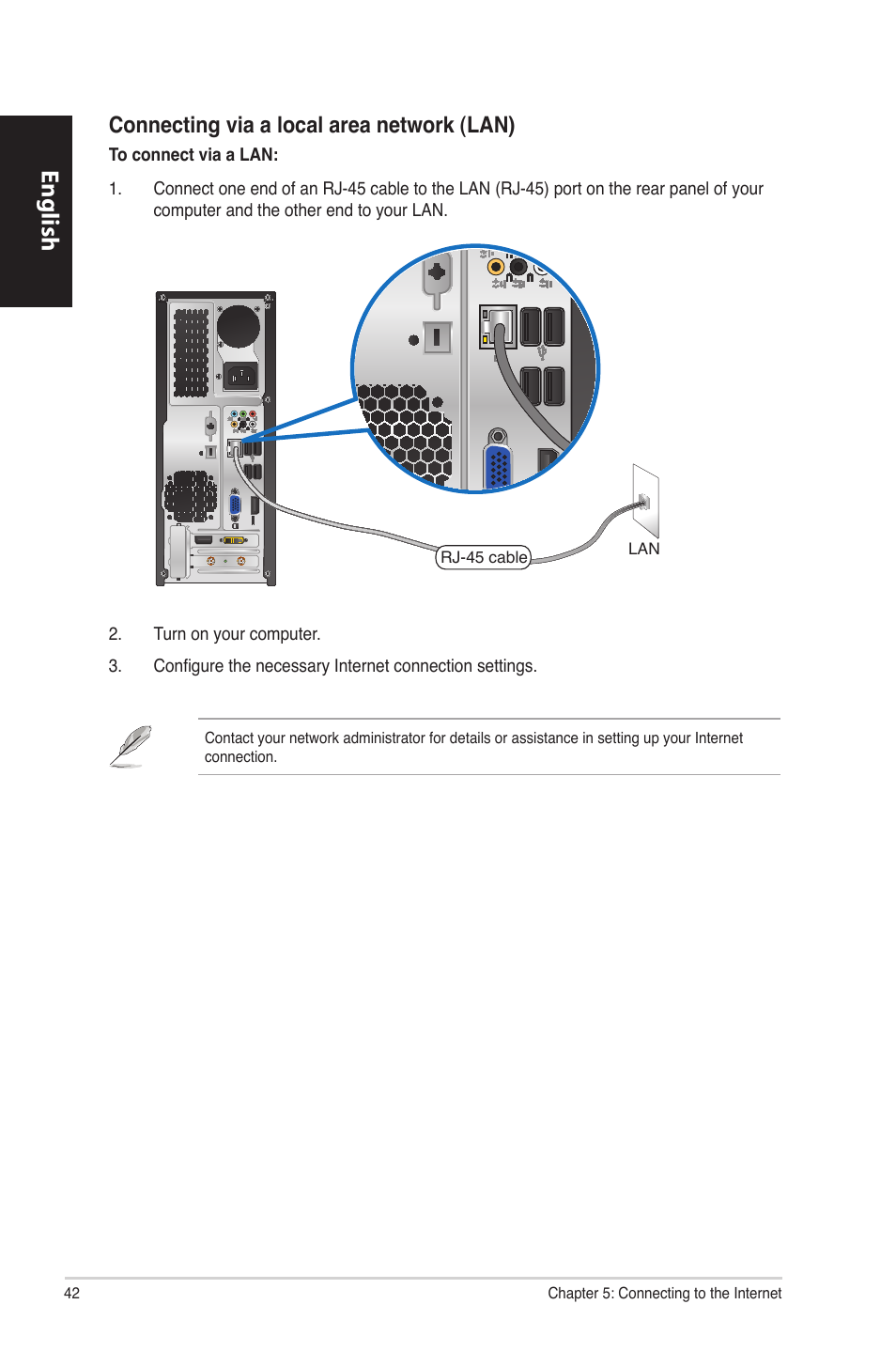 English, Connecting via a local area network �lan | Asus CP6230 User Manual | Page 42 / 198