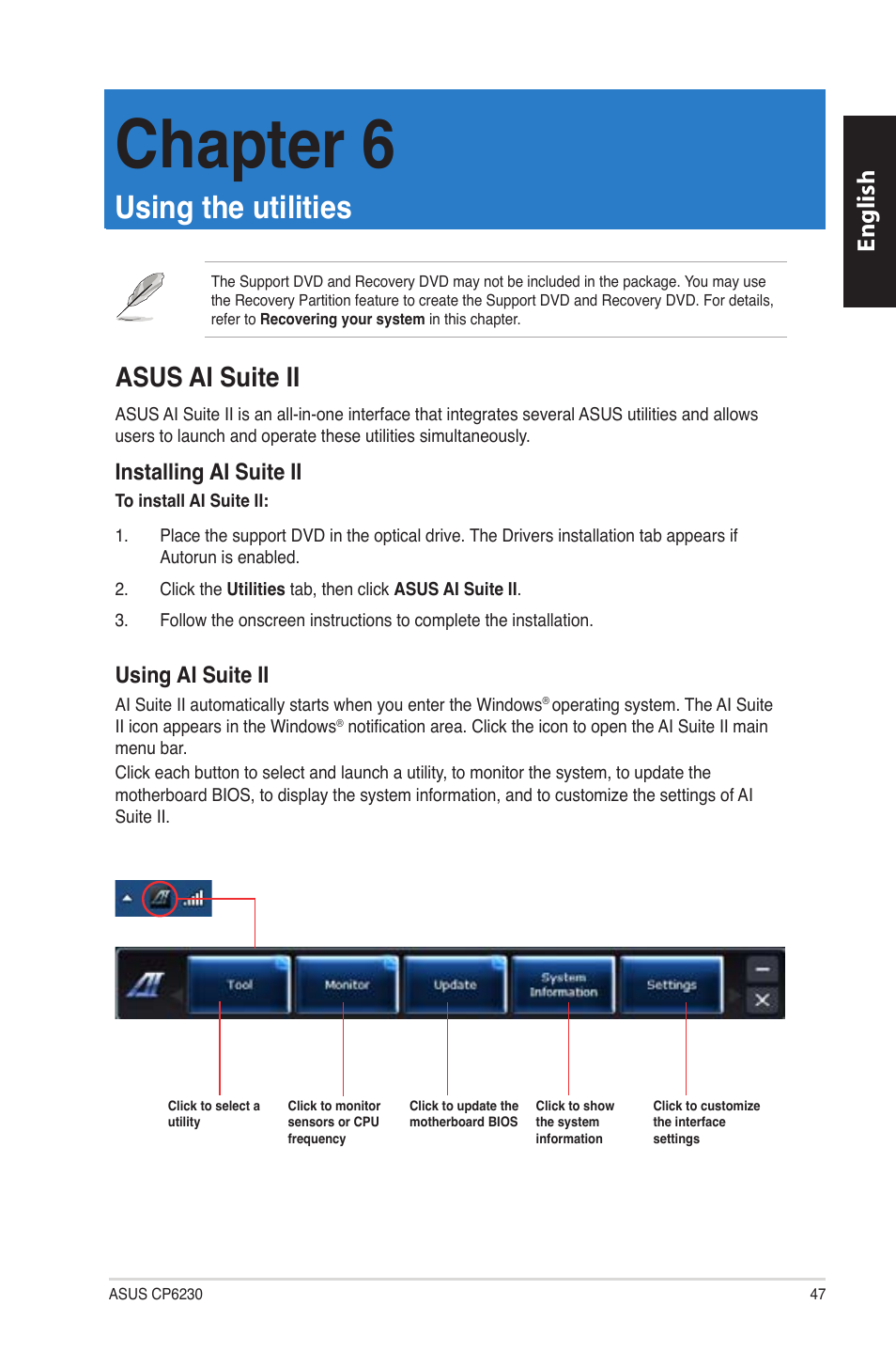 Chapter 6: using the utilities, Asus ai suite ii, Using the utilities | Chapter 6, English, Installing ai suite ii, Using ai suite ii | Asus CP6230 User Manual | Page 47 / 198