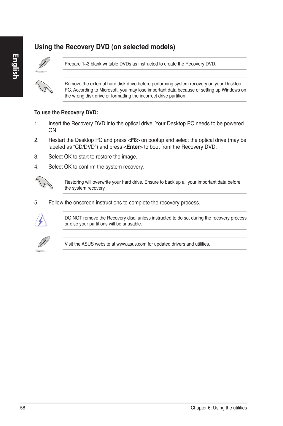 English, Using the recovery d�d �on selected models | Asus CP6230 User Manual | Page 58 / 198