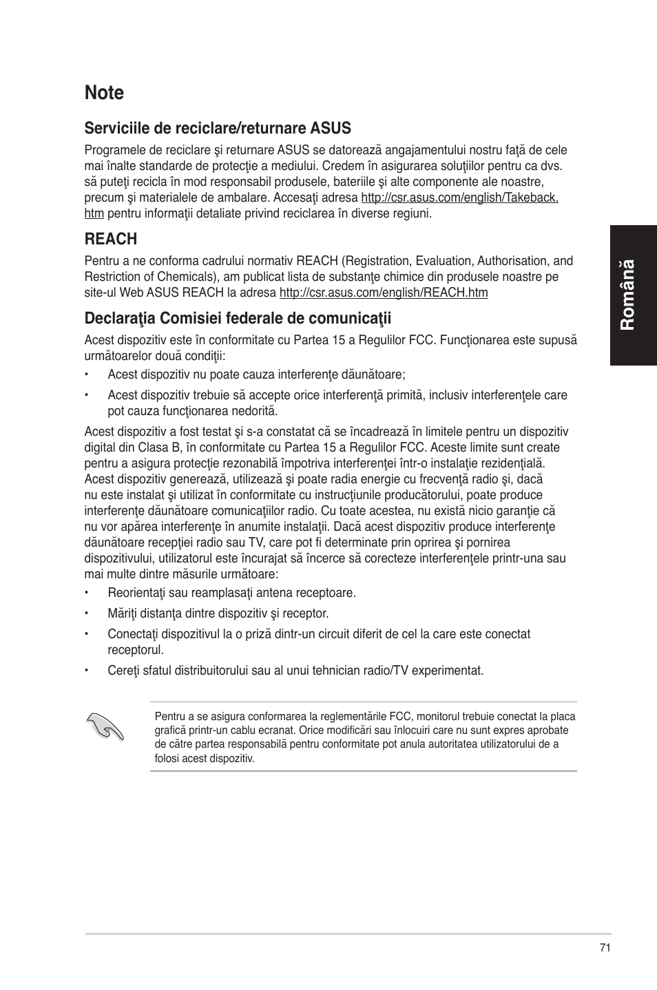 Note, Română, Serviciile de reciclare/returnare asus | Reach, Declaraţia comisiei federale de comunicaţii | Asus CP6230 User Manual | Page 71 / 198