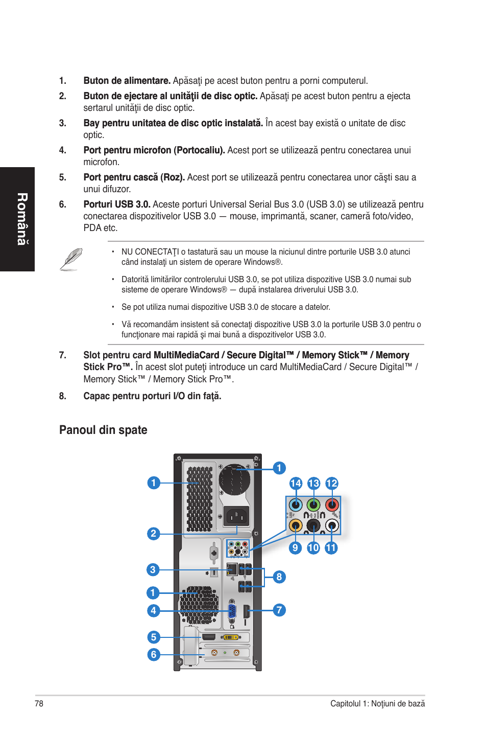 Română, Panoul din spate | Asus CP6230 User Manual | Page 78 / 198