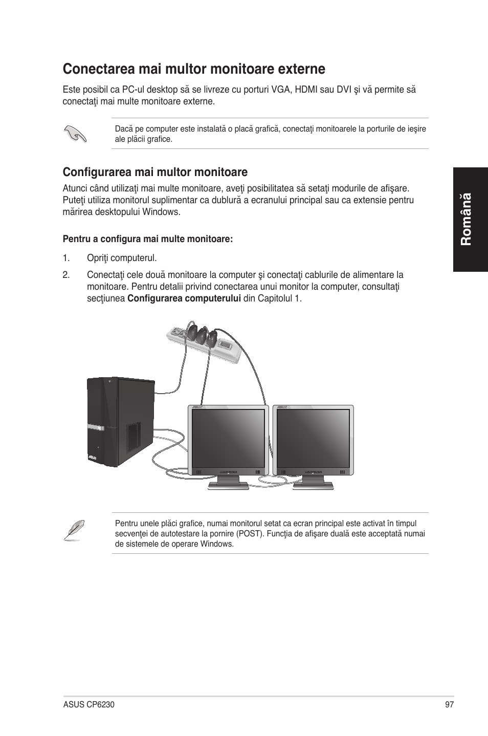 Conectarea mai multor monitoare externe, Română, Con��gurarea mai multor monitoare | Asus CP6230 User Manual | Page 97 / 198