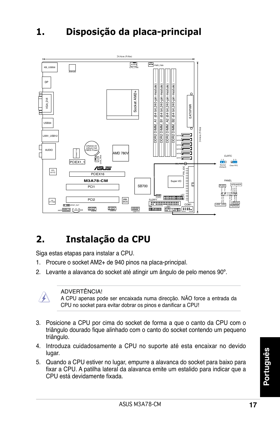 Disposição da placa-principal 2. instalação da cpu, Português, Asus m3a78-cm | Asus M3A78-CM User Manual | Page 17 / 38