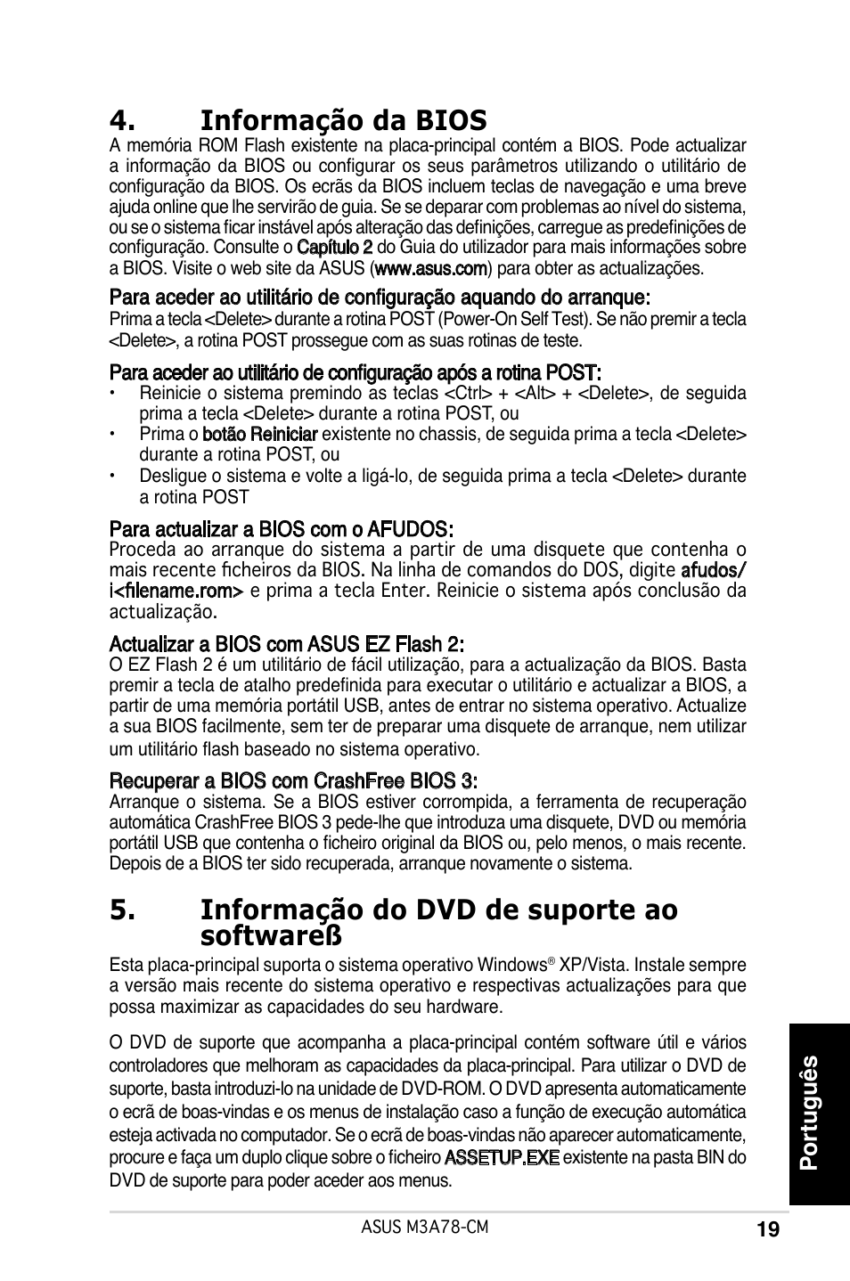 Informação da bios, Informação do dvd de suporte ao softwareß, Português | Asus M3A78-CM User Manual | Page 19 / 38