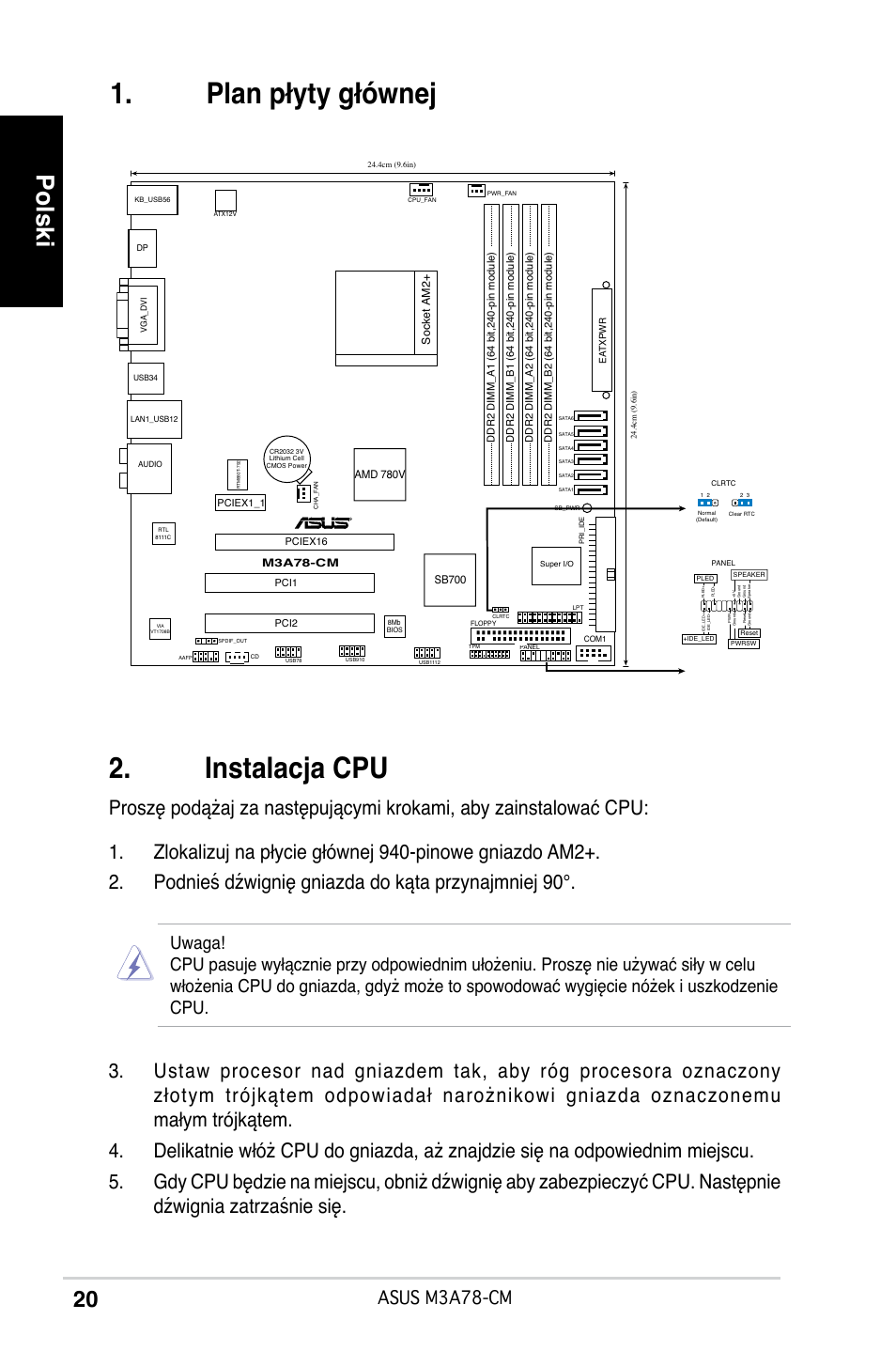 Instalacja cpu, Plan płyty głównej, Polski | Asus m3a78-cm | Asus M3A78-CM User Manual | Page 20 / 38
