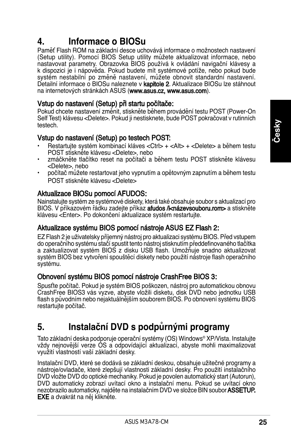 Informace o biosu, Instalační dvd s podpůrnými programy, Česky | Asus M3A78-CM User Manual | Page 25 / 38