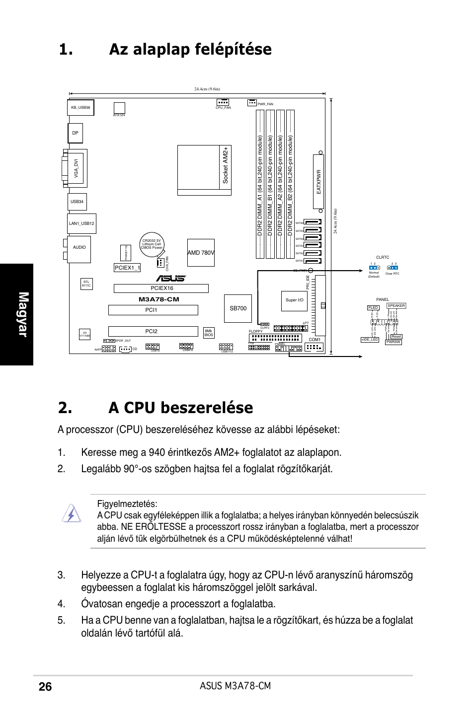 A cpu beszerelése, Az alaplap felépítése, Magyar | Asus m3a78-cm | Asus M3A78-CM User Manual | Page 26 / 38