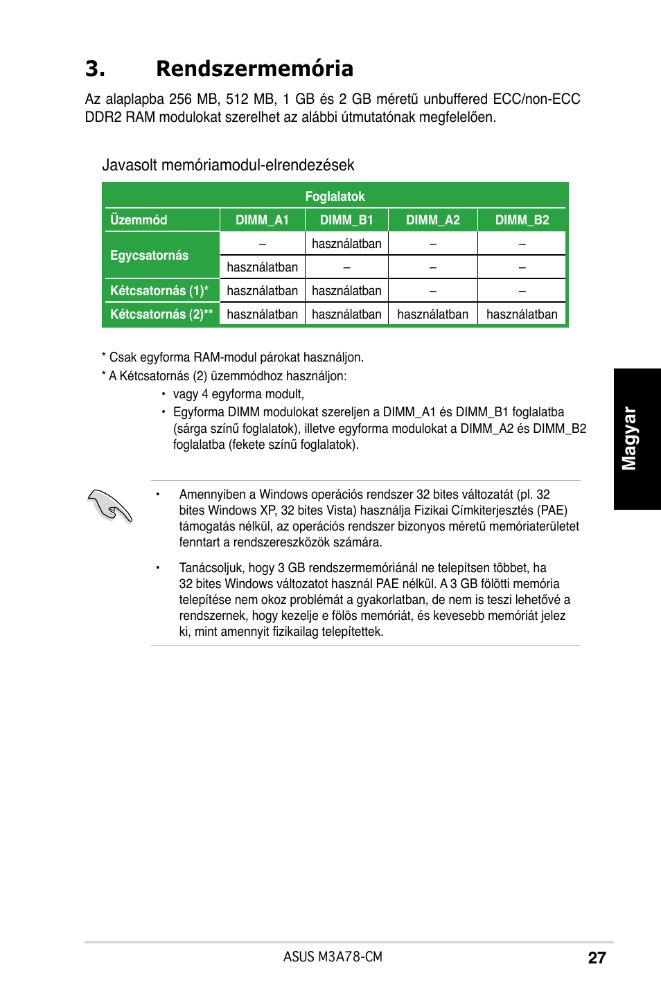 Rendszermemória, Magyar, Javasolt memóriamodul-elrendezések | Asus M3A78-CM User Manual | Page 27 / 38