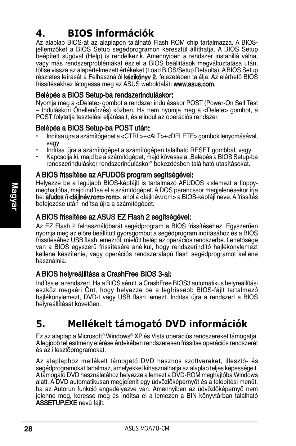 Bios információk, Mellékelt támogató dvd információk, Magyar | Asus M3A78-CM User Manual | Page 28 / 38
