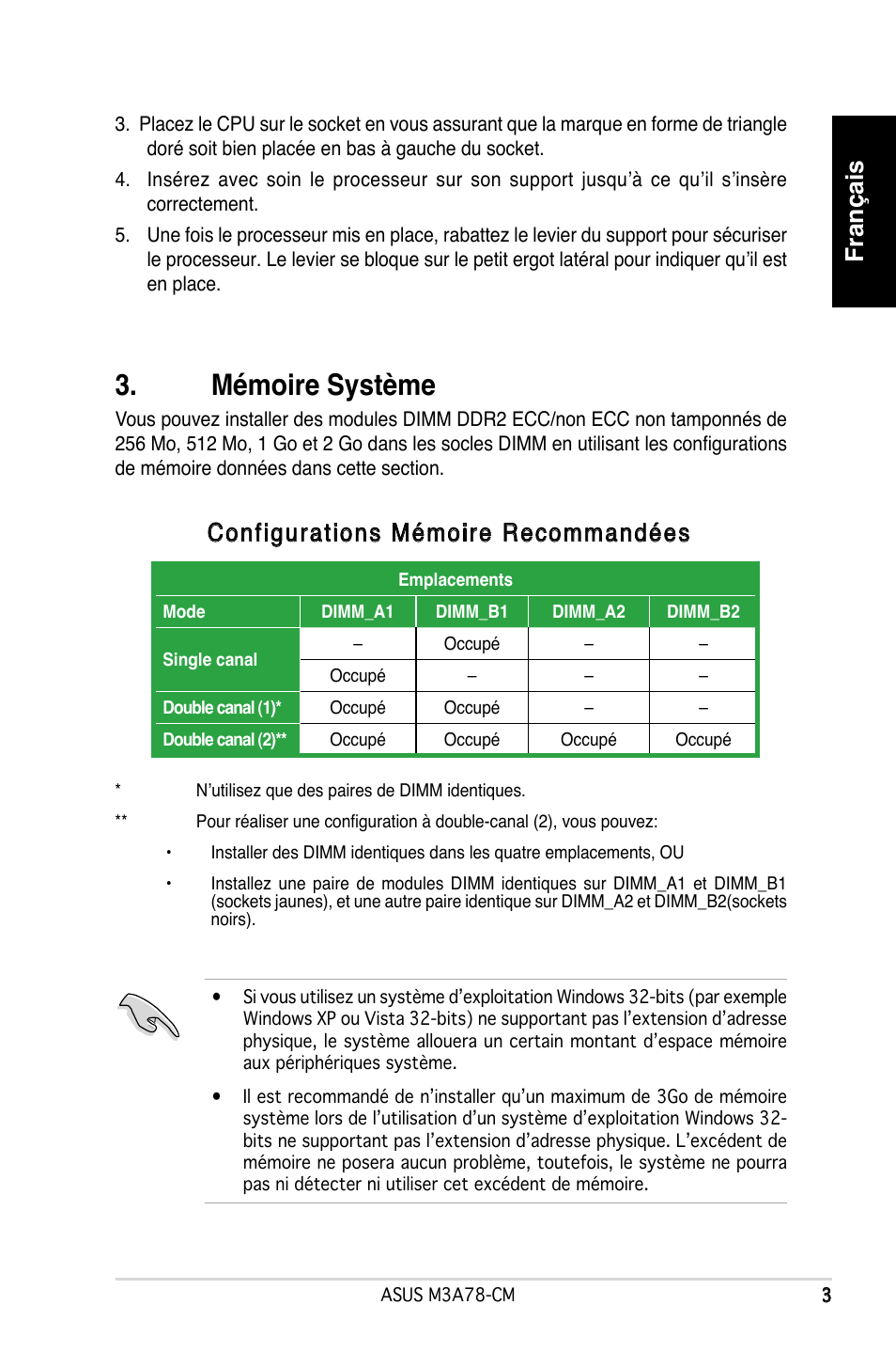 Mémoire système, Français, Configurations mémoire recommandées | Asus M3A78-CM User Manual | Page 3 / 38