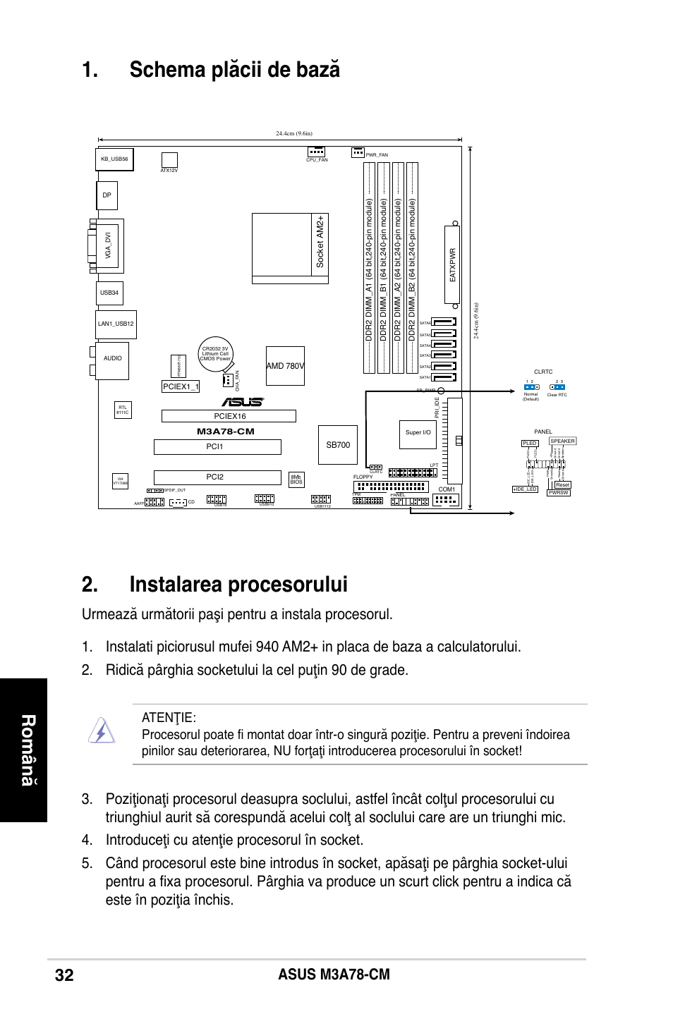 Schema plăcii de bază 2. instalarea procesorului, Română | Asus M3A78-CM User Manual | Page 32 / 38