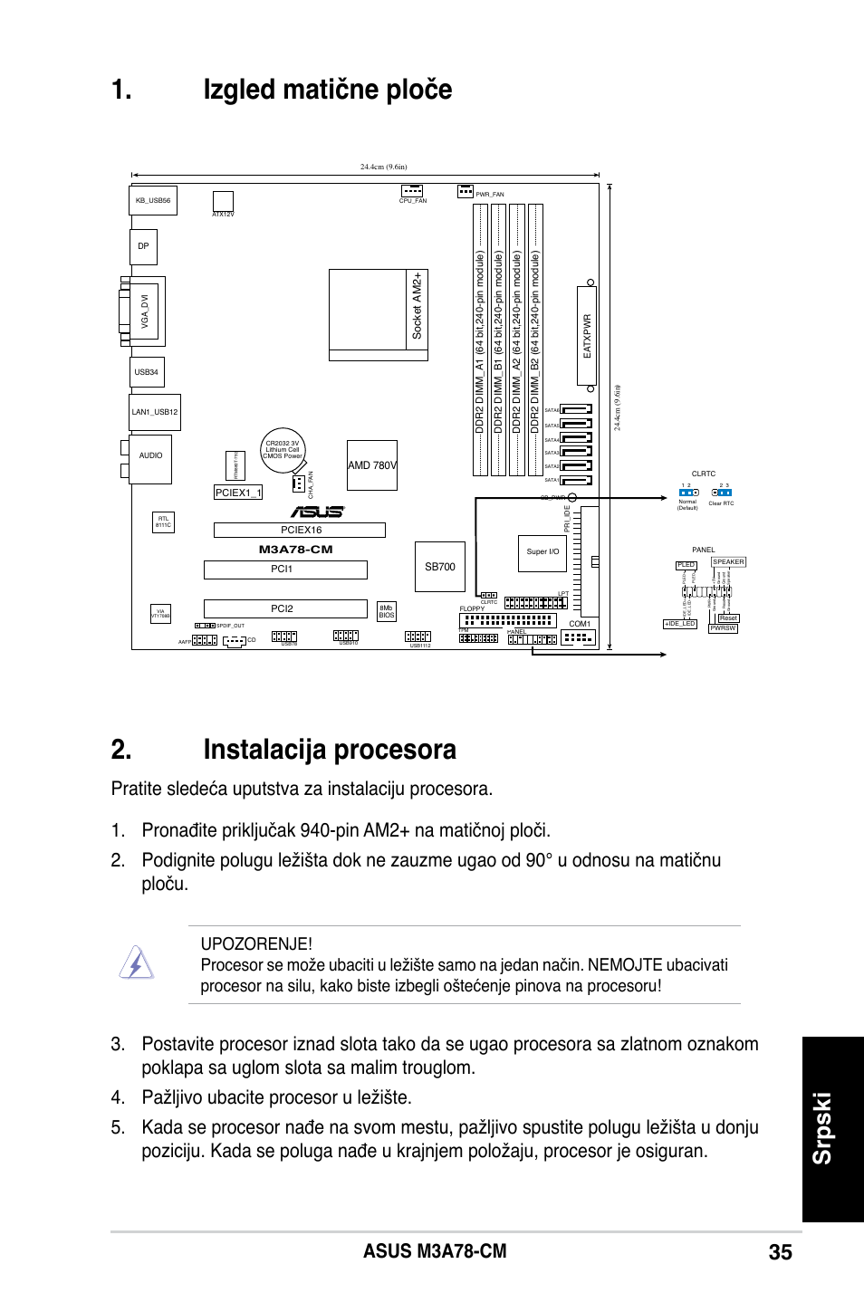 Izgled matične ploče 2. instalacija procesora, Srpski, Asus m3a-cm | Asus M3A78-CM User Manual | Page 35 / 38