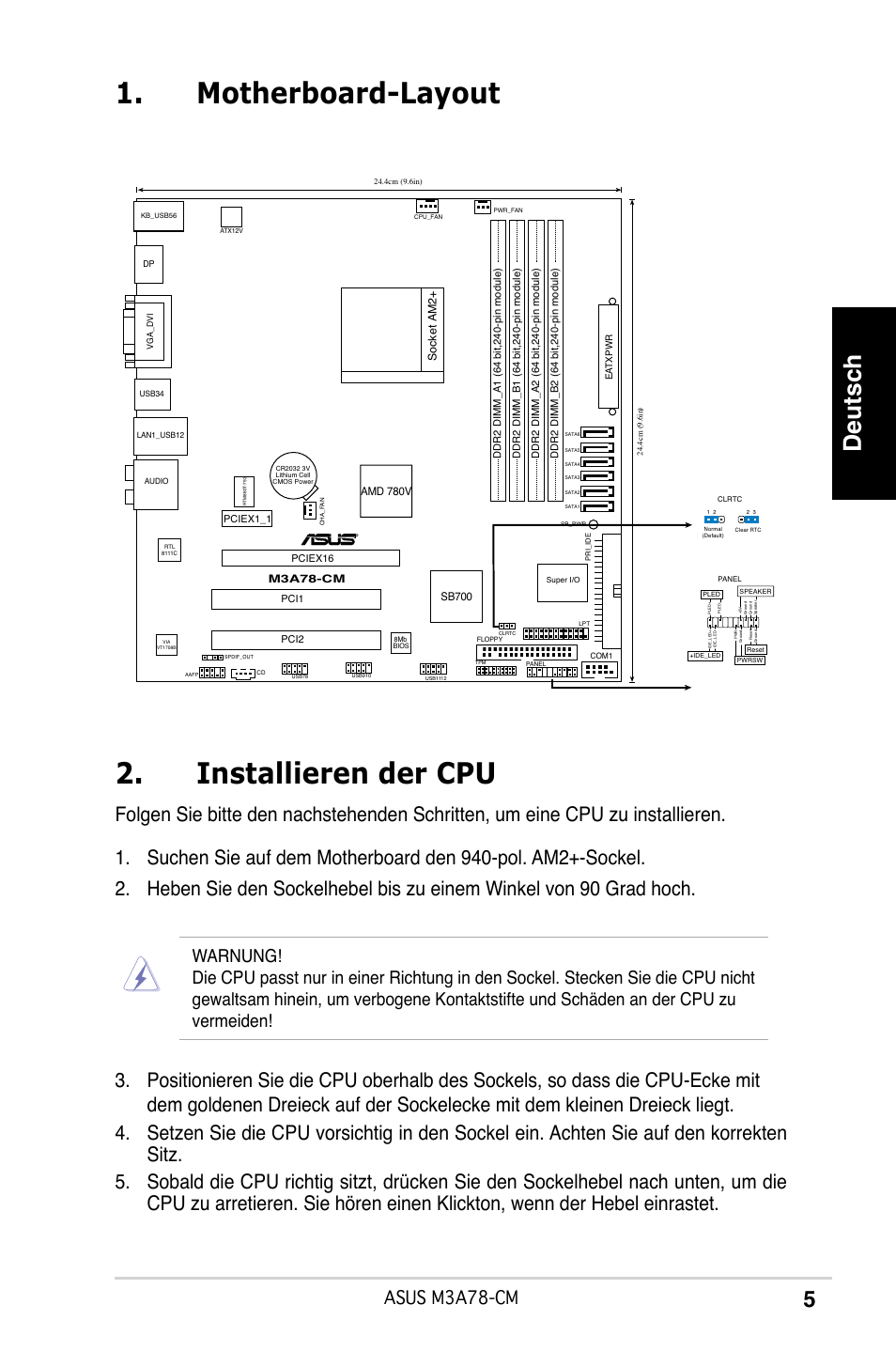 Motherboard-layout 2. installieren der cpu, Deutsch, Asus m3a78-cm | Asus M3A78-CM User Manual | Page 5 / 38