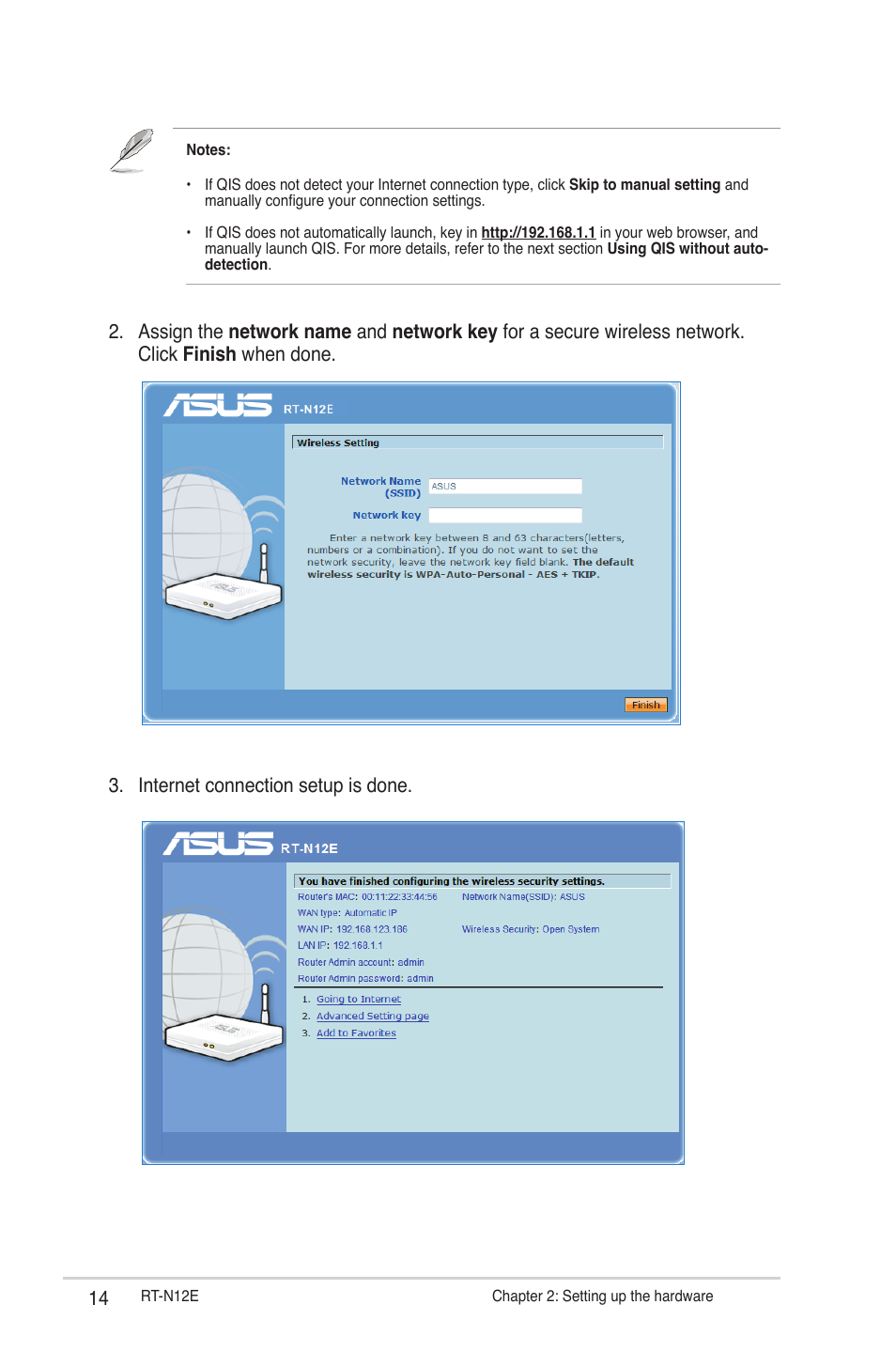 Internet connection setup is done | Asus RT-N12E User Manual | Page 14 / 46